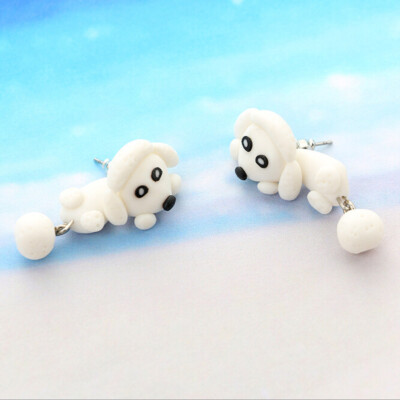 

Pure Manual Soft Pottery Animals Split Pose Lovely White Dog Stereo Earrings