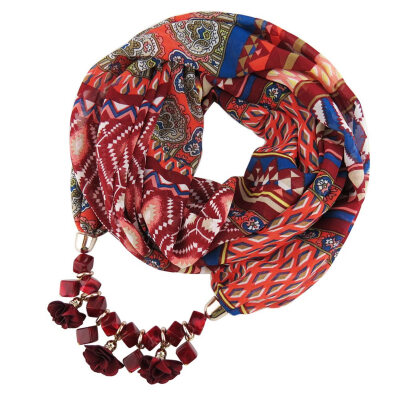 

New Geometric Beads Necklaces Printing Flowers Pattern Wrap Chiffon Statement Scarf Necklace For Women Bohemian Jewelry