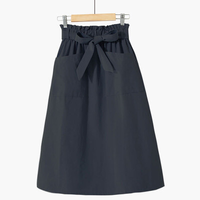 

Summer Fashion Casual Women Solid Color Skirts High Waist A-Line Sashes Pocket Casual Midi Skirt For Women Preppy Style