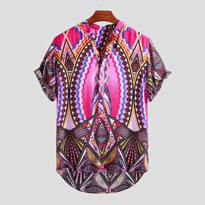 

Toponeto Mens Vintage Ethnic Ptinted Stand Collar Short Sleeve Loose Casual Henry Shirts