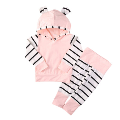 

Baby Girls Long Sleeve Striped Patchwork Print Hoodie Cotton Sweatshirt TopsPants Trouser Casual Autumn Baby Costume Set