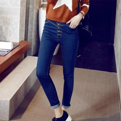 

Women Comfy High Waist Jeans Five Button Stretch Tight-fitting Cowboy Female Pants Solid Color Slim Long Curling Feet Trousers