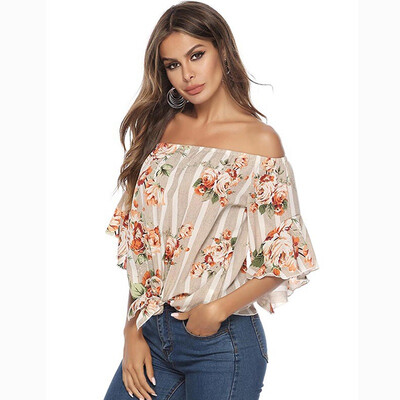 

Women Fashion Concise Casual Sweet Flower Printed Strapless Chiffon All-match Shirts