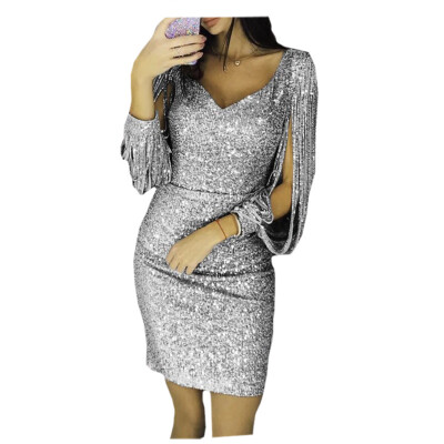 

Ladies Women Sexy Long Sleeve V Neck Bodycon Dress Slim Fit Sequin Night Club Party Mini Dresses