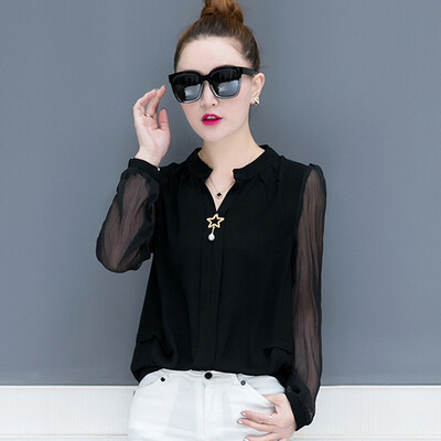 

Elegant Korean version Autumn Long sleeve Small V-neck Chiffon Shirt Fashion New Casual Office Lady Womens Blouse Top F1