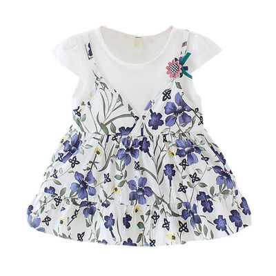 

Summer Baby Girl Dress Fake 2 Piece Floral Print Dress Cotton Kids Toddler Short Sleeve Sundress Outfits