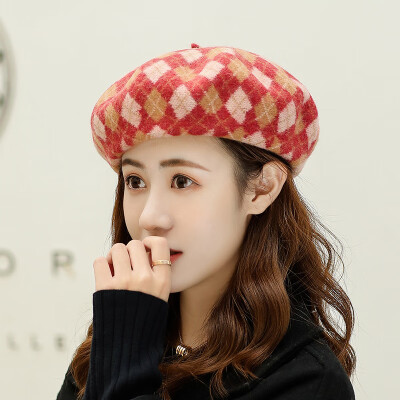 

Hat 2019 autumnwinter new painter hat English temperament hundred fashion wool beret ladies diamond-shaped plaid