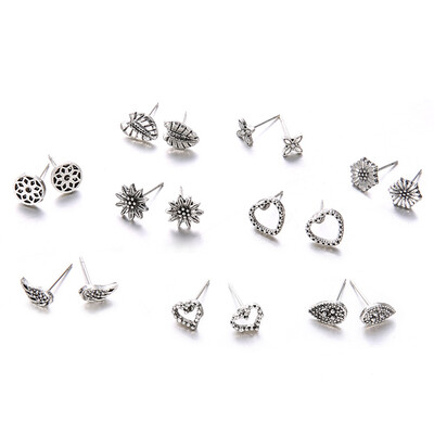 

9 Pairslot Lotus Heart Wings Leaf Unique Design Vintage Small Stud Earrings Set For Women Punk Geometric Earrings