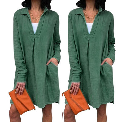 

Tailored Womens Pure Color V Neck Pocket Casual Long Sleeve Loose Dresses