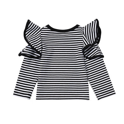 

Spring Autumn Baby Girls Fashion Sweatshirts Childrens Striped Cotton Ruffle Sleeve Pullover Solid Color Tops For 1-5T