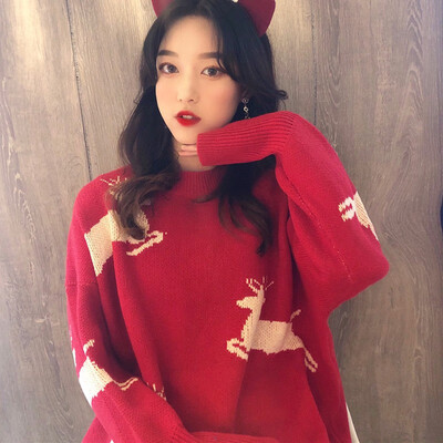 

Sweater Women Christmas Knitted Loose Casual Autumn Winter Ladies O-neck Tops Pullover Korean Sweaters Bowembroidery Knitwear