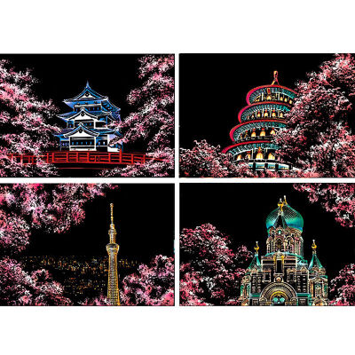 

DIY Scratching Painting Postcard Night Scenes Scratching Classical City Sign Greeting Cards Scraper Tools Birthday Gift