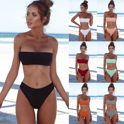 

Women High Waist Bikini Set Off Shoulder Push Up Padded Swimsuit Swimwear Solid Bathing Suit