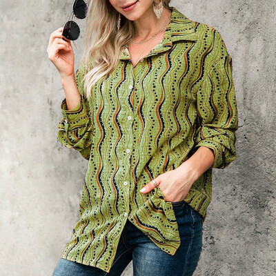

Cartoon Print Blouse Women Vintage Lapel Shirt Loose Single-breasted Long Sleeve Blouses Blusas Mujer De Moda