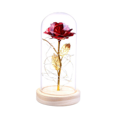 

Imitation Gold Foil Rose with LED in Glass Dome Cover On Wooden Base for Valentines Day Mothers Day Anniversary Wedding