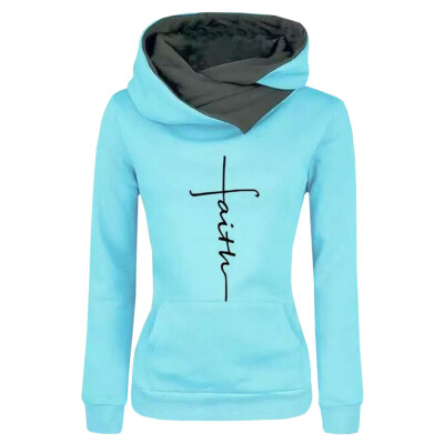 

Autumn And Winter Fashion Faith Print Hoodies Lapel High Collar Long Sleeve Hooded Sweatshirts Casual Pullover Tops Sweater