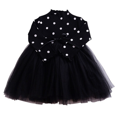 

2017 Autumn Winter Long sleeve Party Dress Kid Baby Girls Dot Bowknot dress Mesh Tutu Princess Dresses