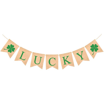 

LUCKY Four Leaf Shamrock Jute Burlap Banner St Patricks Day Irish Festival Decorative Hanging Ornament Bunting