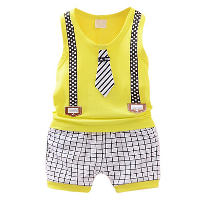 

2PcsSet Summer Baby Boys Sleeveless Cotton Print Tops Blouse VestPlaid Shorts Casual Outfits Sets