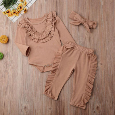 

UK 3pcs Newborn Baby Girl Outfit Clothes Ruffle Romper TopsPants Headband 0-24M