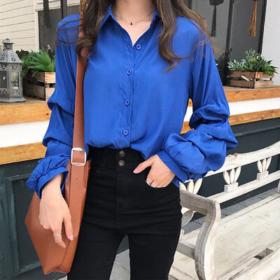 

Women Spring Autumn Blouse Tops Fashion Puff Long Sleeve V-Neck Blouse Women Solid Casual Loose Korean Shirts