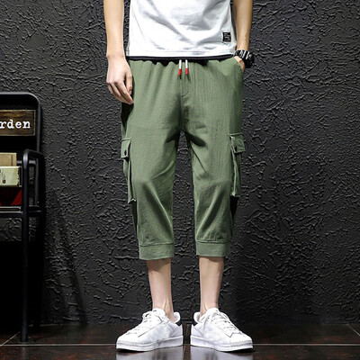 

Tailored Mens Summer Fashion Leisure Pure Color Pockets Linen Loose Calf-Length Pants