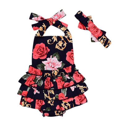 

Baby Girl Floral Print Princess Romper Kids Lovely Backless Black Rompers Kids Jumpsuit Headband Clothes 2pcs