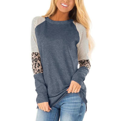 

Fashion Women Autumn Splicing Longline T-Shirt Striped Leopard Print O Neck Long Sleeve Casual Top
