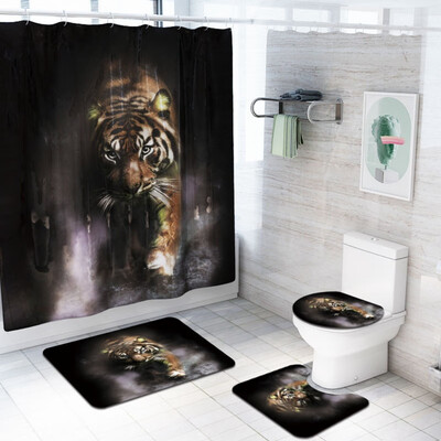 

Tiger Bathroom Shower Curtain Lid Cover Contour Rug Sets 4 Pieces Toilet Mat Set Non-Slip Carpet Rugs Doormat
