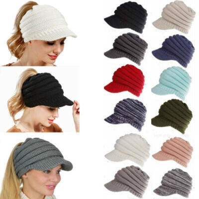 

Womens Stretch Knit Hat Messy Bun Ponytail Beanie Winter Warm Hole Hat UK STOCK