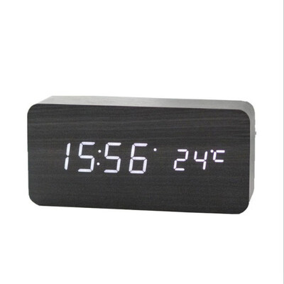 

Multifunction Modern Wooden LED Desk Clock Square Sounds Control Digital Alarm Clock With Thermometer Home Decoration