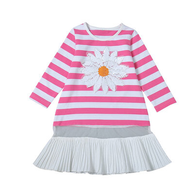 

Spring Girls Sweet Cute Long Sleeve Striped Sequins Small Chrysanthemum Design Mesh Dress