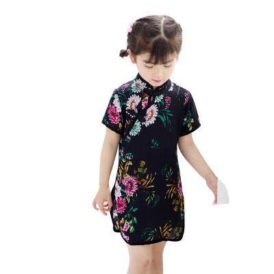 

Baby Summer Girls Round Neck Cotton Print Princess Cute Sweet Short Sleeve Cheongsam Princess Dress