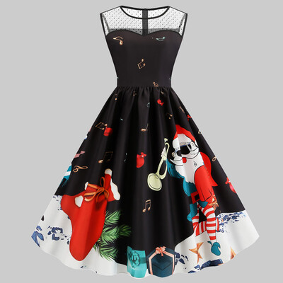 

Tailored Women Fashion Christmas Print Sleeveless Lace Hollow Evening Christmas Dress