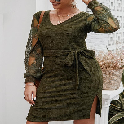 

Stretch V-neck Solid Guipure Lace Splice Long Sleeve Slit Strappy Knit Dress
