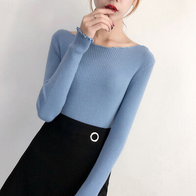 

2019 Lady Softy Durable Sweate Knitted o-neck Korean Slim Basic White Black Pullovers Autumn Long Sleeve Jumper Pull Femme