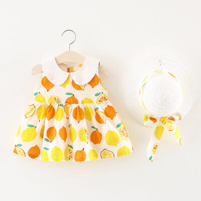 

2pcs Summer Turn-down Bow Baby Dress Free hat Girls Clothe Slip Infant Princess Girl Dresses Birthday Gifts