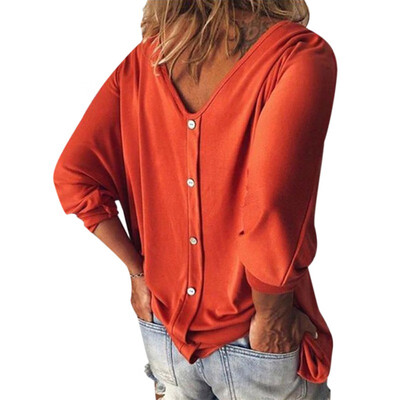 

Women Autumn Fashion Sexy T Shirt Solid Color Loose Button Casual Wild T-Shirt V Collar T Shirt