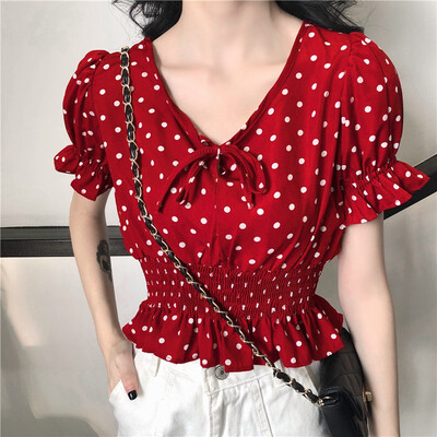 

Fashion Women Short Sleeve Dot Print Blouse V neck Shirt Ladies OL Party Top Ruffles Chiffon Blouse blusas femininas Plus Size