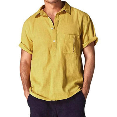 

Men Linen Short Sleeve Shirt Summer Cool Loose Casual V-Neck Shirts Tops