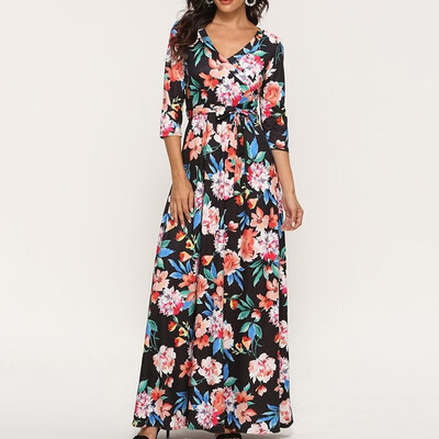

Women Dress Colorful Floral Print Deep V Neckline High Waist Tied Bandage Maxi Gown Sexy One-Piece