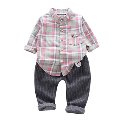

New Casual Baby Boys Clothes 2pcs Autumn Children clothing Long Sleeve Plaid Print Shirt TopsPants Trouser Set 5 colors