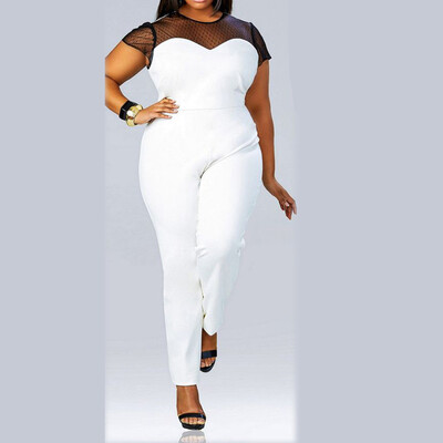 

Gobestart Womens Plus Size Mesh Sexy Stitching Fashion Short-Sleeved Round Neck Jumpsuit