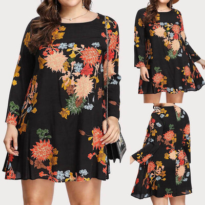 

Tailored Fashion Women Casual Plus Size O-Neck Flower Print Long Sleeve Loose Dress