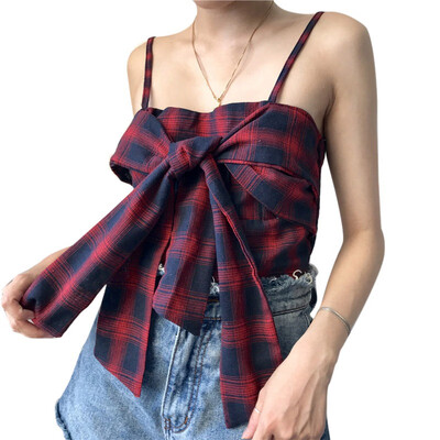 

Sexy Women Girls Crop Top Sleeveless Backless Plaid Printed Fitness Clothing Underwear Women Summer Tops Camisole