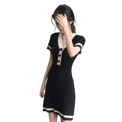 

Korean Style V-neck temperament Slim matching knit short-sleeved dress black single size elegant female dress