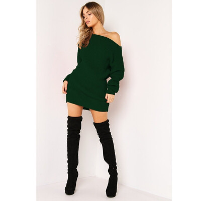 

Womens Long Sleeve Sweater Dress Off Shoulder Knit Dress Bag Hip Long Sweater