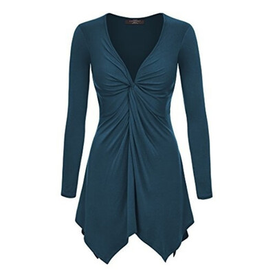 

Autumn Women Sexy Solid Color V-Neck Plus Size Pleated Long-Sleeved Irregular Hem T-Shirt