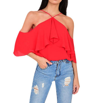 

Womens Sexy Backless Beach Ruffled Off Shoulder Halter Slash Neck Blouse Shirt Sleeveless Camis Ruffled Lace Blouses Female