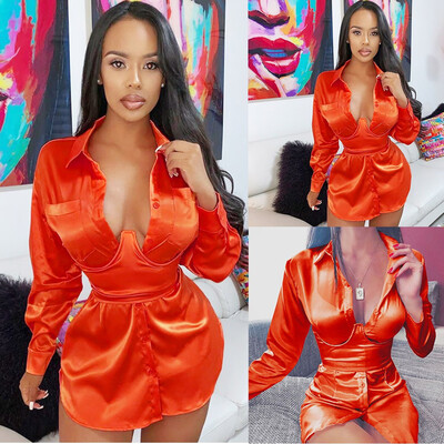 

Tailored Fashion Women Sexy Full Sleeve V Neck Solid Button Pullover Party Mini Dress